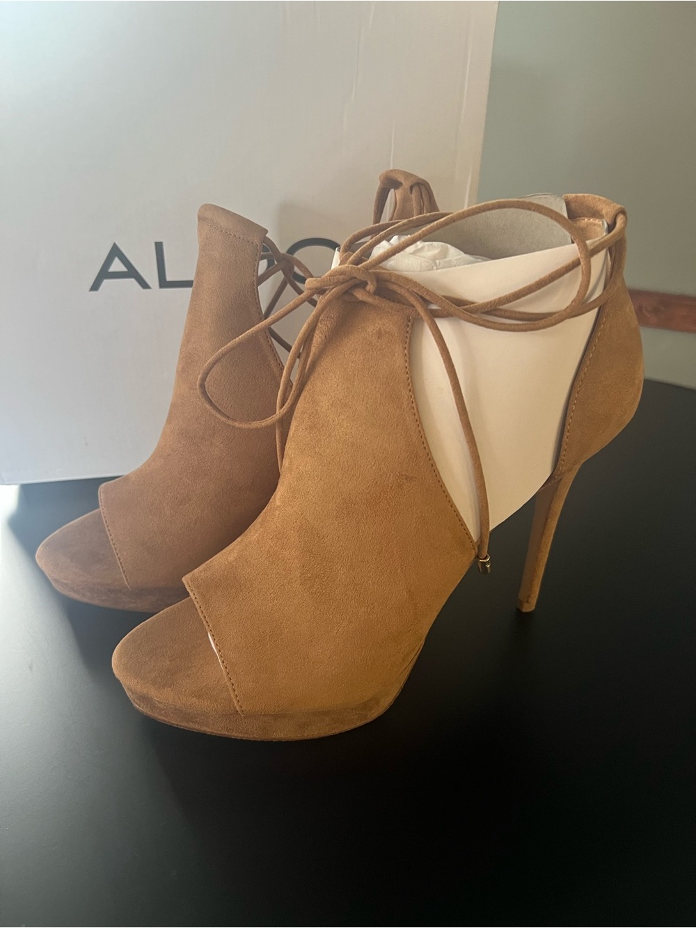 Aldo Tilley cognac suede open toe heels size 10